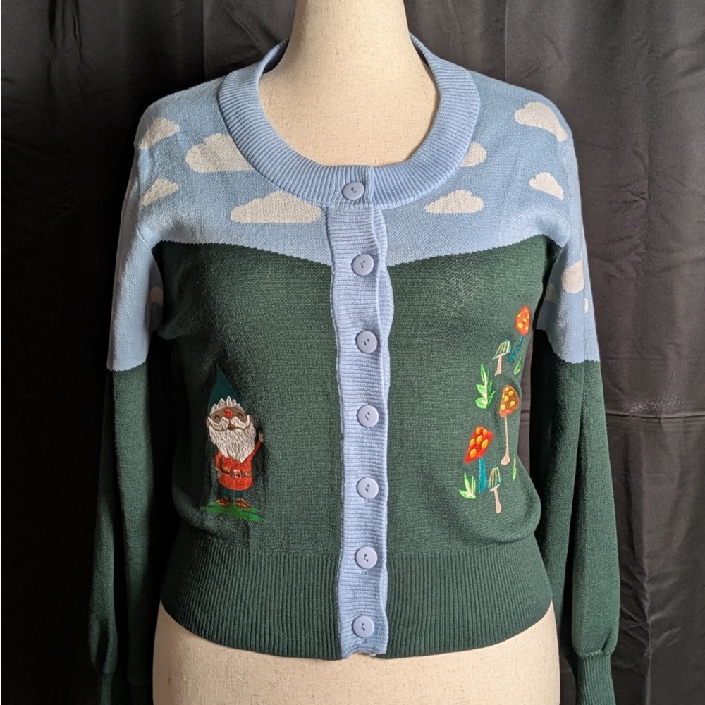 Unique Vintage Plus Size Green and Blue Gnome in the Sky Cardigan